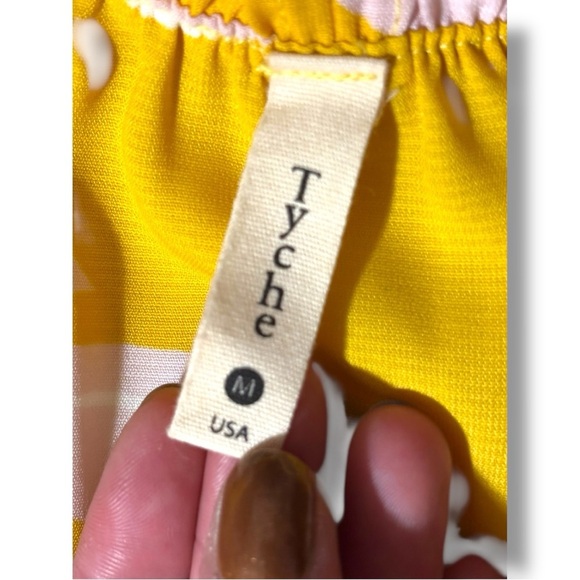 Tyche Bright Yellow with White Leaf Pattern Cinched Waist Strapless Maxi Dress - Picture 12 of 16